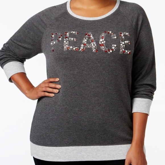 NWT Macys PEACE Bling Rhinestone Sweatshirt Top 1X - Picture 2 of 7